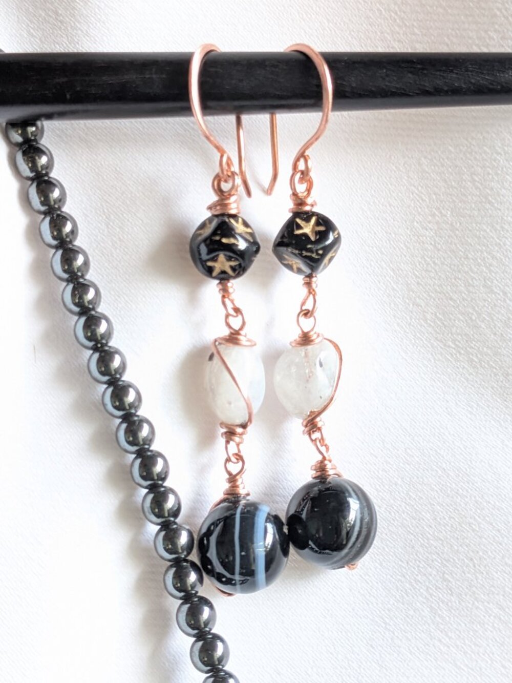 Copper Earrings with Banded Agates, Czech Glass Star Cubes and Moonstones - Picture 6 of 10